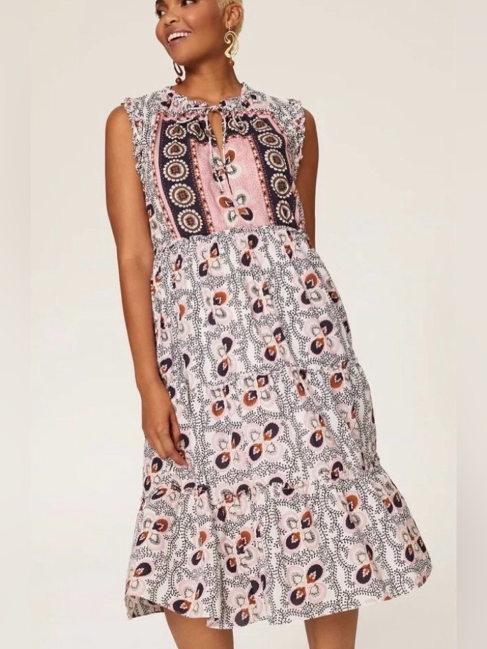 Figue Lily Clara Sleeveless Pink Floral Printed Tiered Midi Bohemian Dress P13